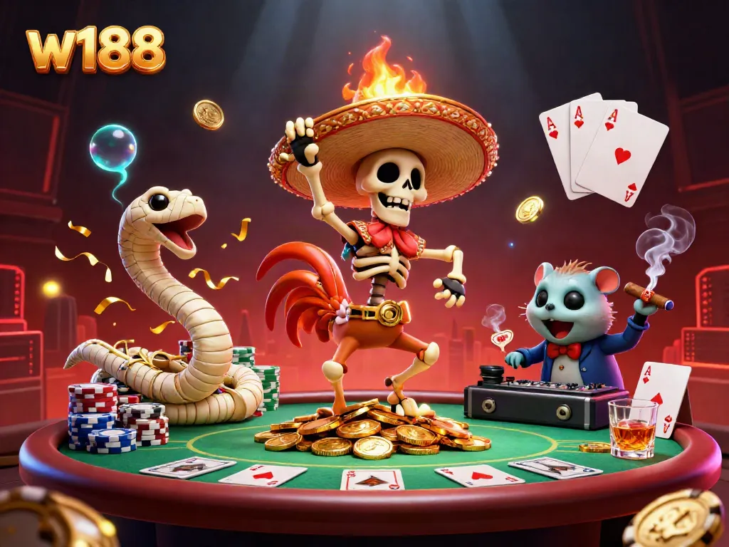 Experience the thrill of w188 with a festive 3D illustration of a dancing mariachi rooster amid poker elements.