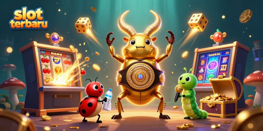 Permainan slot terbaru dengan karakter kartun lucu, mesin slot, dan efek jackpot yang memukau.