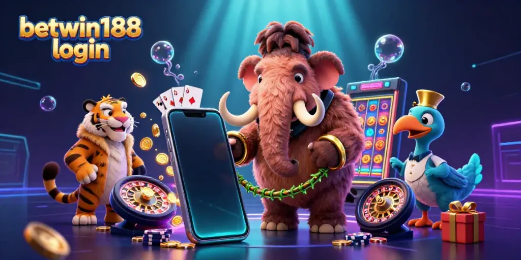 Akses cepat ke BETWIN188 login dengan ilustrasi menghibur yang menggambarkan karakter kasino unik.