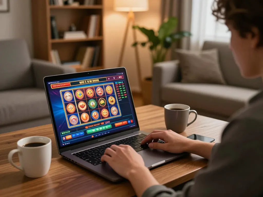 Pemain menikmati permainan slot di laptop dalam lingkungan rumah yang nyaman.