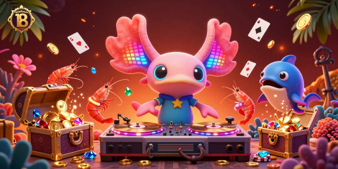 Experience the excitement of keonhacai 18 with vibrant underwater casino-themed characters spinning gold records.