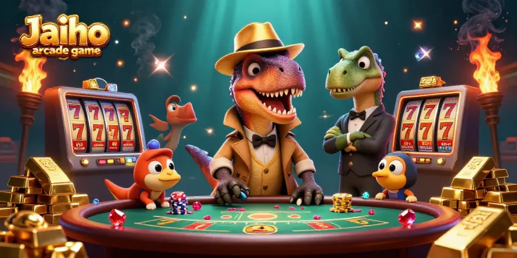 Experience the Jaiho arcade game with vibrant cartoon characters at a blackjack table amidst sparkling casino elements.