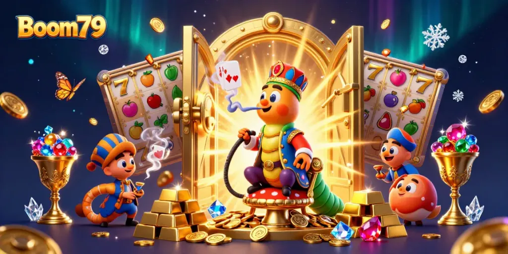 Experience the excitement of Boom79 with animated slot elements surrounded by vibrant gambling symbols.