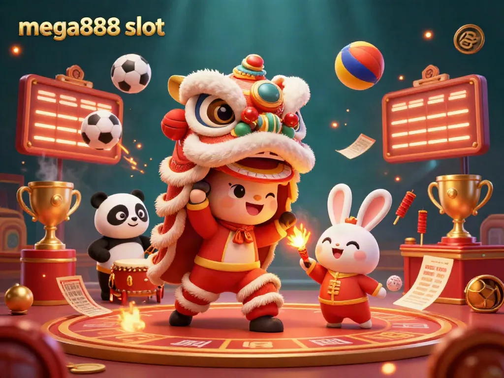 Engage with the mega888 slot experience featuring vibrant 3D elements and lively characters in a casino setting.