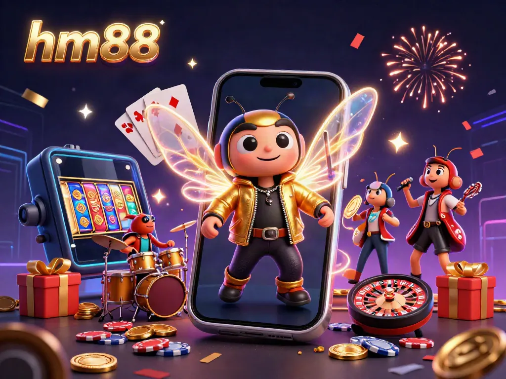Spin reels and win with hm88 in this vibrant 3D casino illustration showcasing lively characters and gaming elements.