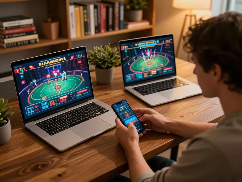 Engaging in CM88 casino app on smartphone during a cozy home gaming session