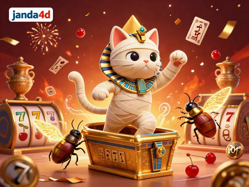 Gambarlah mumi kucing janda4d keluar dari sarkofagus emas di kasino dengan simbol slot yang bersinar.