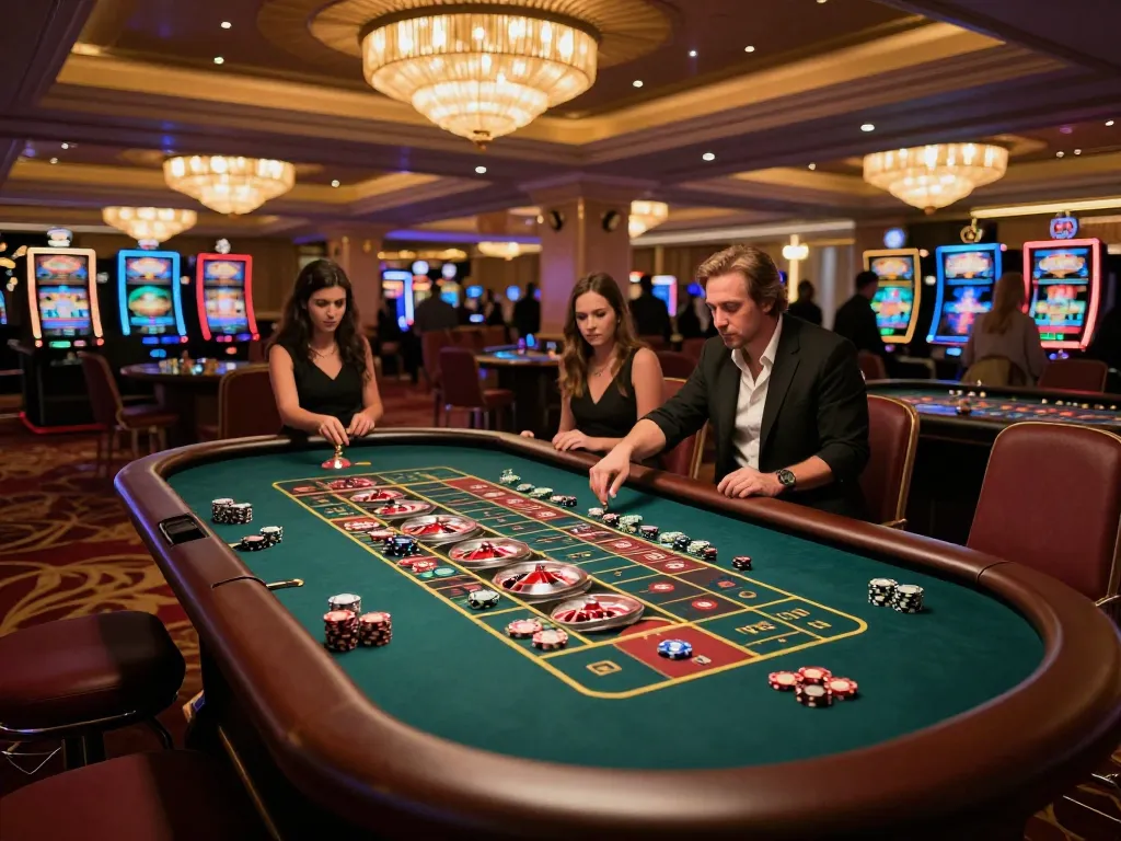 Players engaging with roulette wheel as part of casinosscope gaming experience in a luxurious casino
