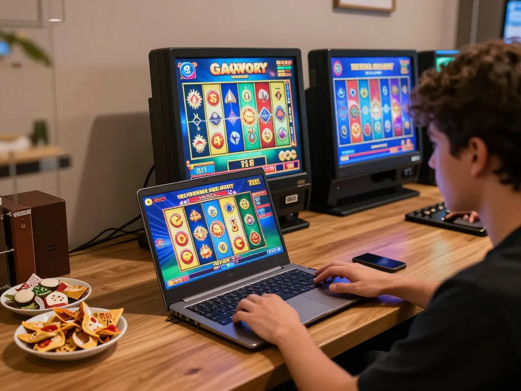Engaging in slot gacor games on a laptop, showcasing vibrant online casino setup.
