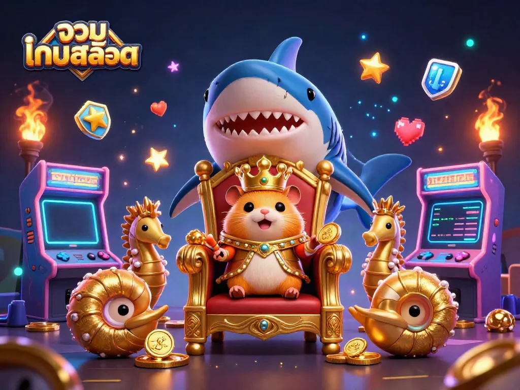 Engage with the colorful world of รวมเกมสล็อต, highlighted by a miniature hamster king and vibrant game elements.
