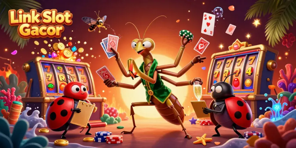 Menangi jackpot pada Link Slot Gacor dengan ilustrasi kasino yang menampilkan karakter unik dan elemen permainan.