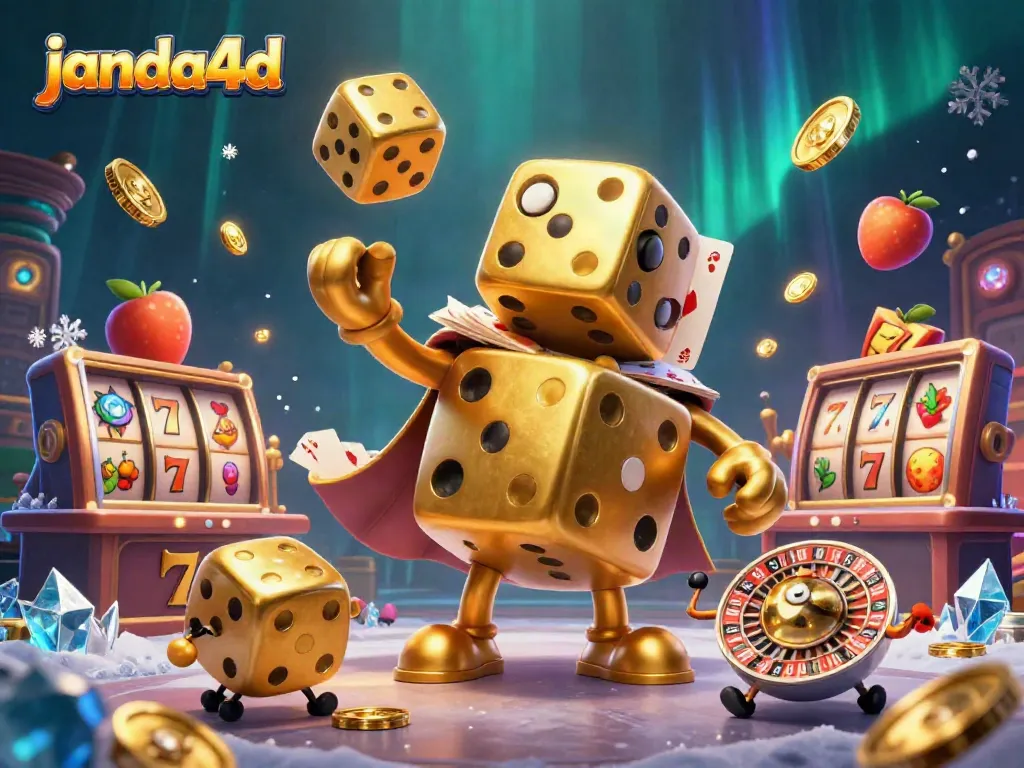 JANDA4D menghadirkan pengalaman seru dengan ilustrasi 3D karakter dadu emas yang menggemaskan dan slot yang menarik.