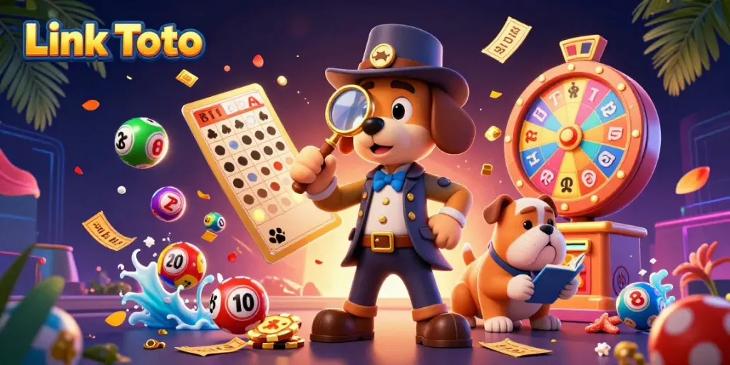 Menangkan permainan kasino dengan Link Toto melalui ilustrasi kartun 3D yang menampilkan detektif dan anjing bulldog.