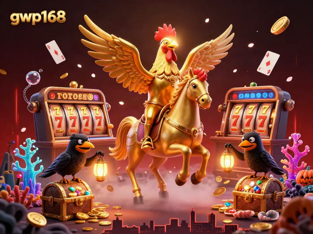 GWP168 menampilkan ayam jantan emas sebagai karakter kasino yang menghidupkan suasana permainan slot dengan elemen menarik.