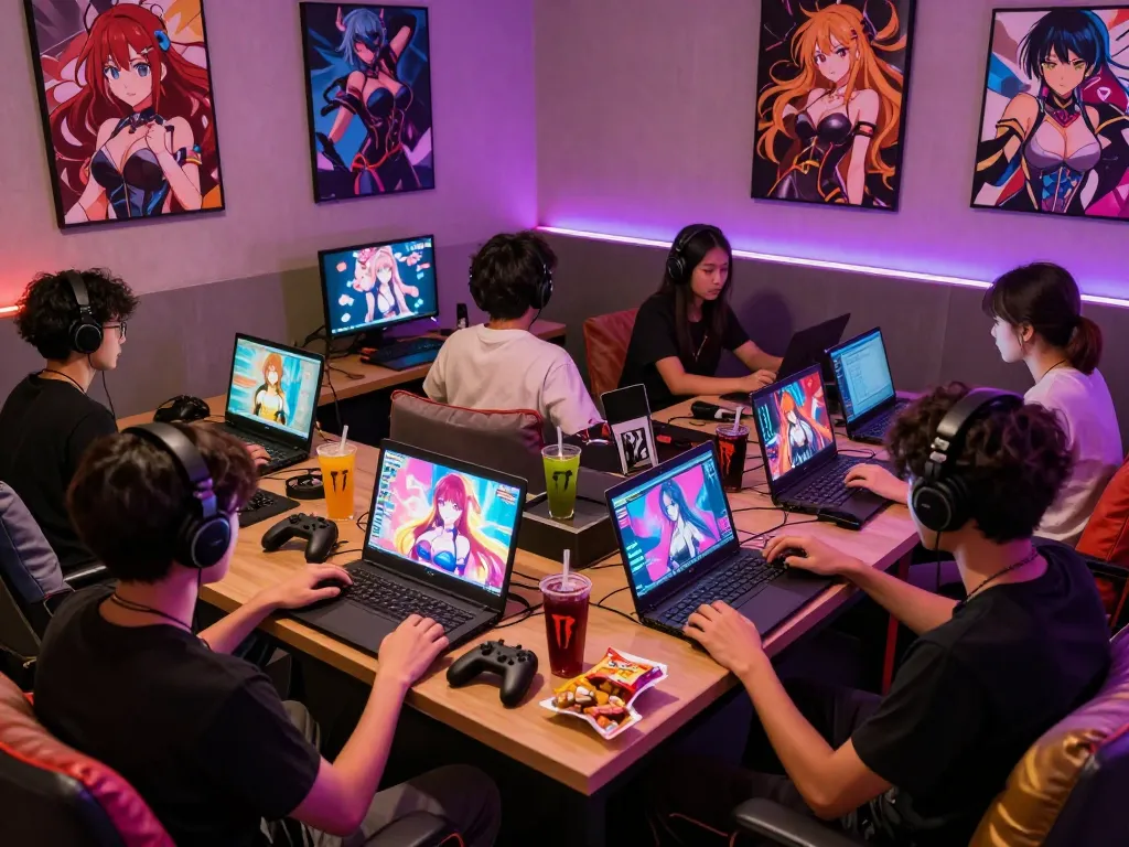 Group enjoying interactive sex games in vibrant gaming lounge.