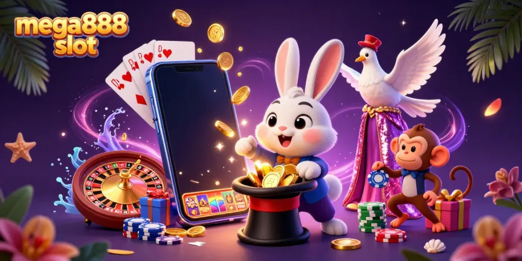 Experience the mega888 slot magic with a rabbit, dove, and monkey amid casino elements.