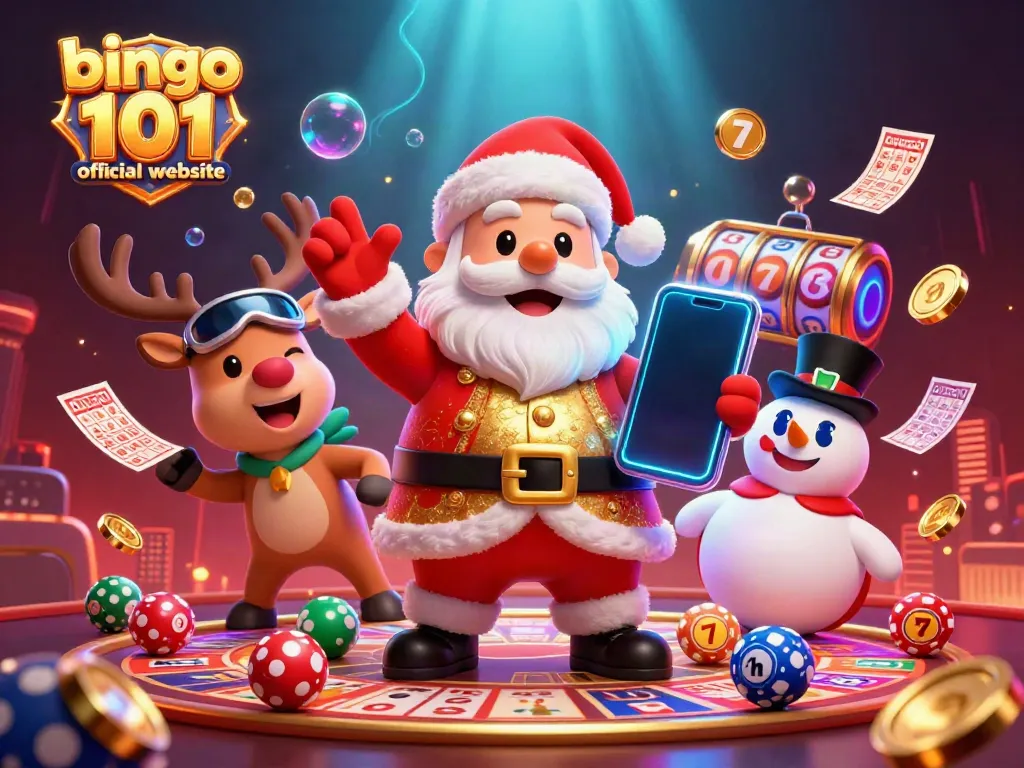 Engage with the bingo 101 official website in a lively 3D casino scene featuring Santa, a reindeer, and a snowman.