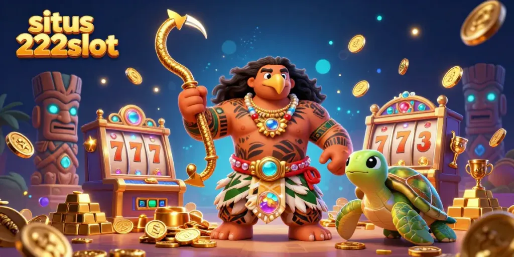Menangkan jackpot di situs 222slot dengan slot mesin berkilau dan pola tribal Maui.
