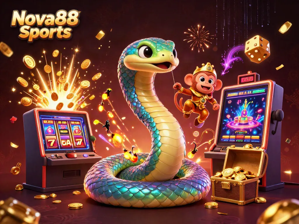 Engage in thrilling action with Nova88 Sports, featuring vibrant characters and exciting casino elements.