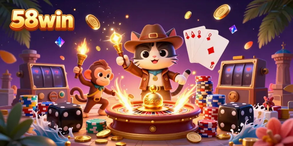 Experience 58win excitement with a cat archaeologist discovering golden treasures in a vivid casino scene.
