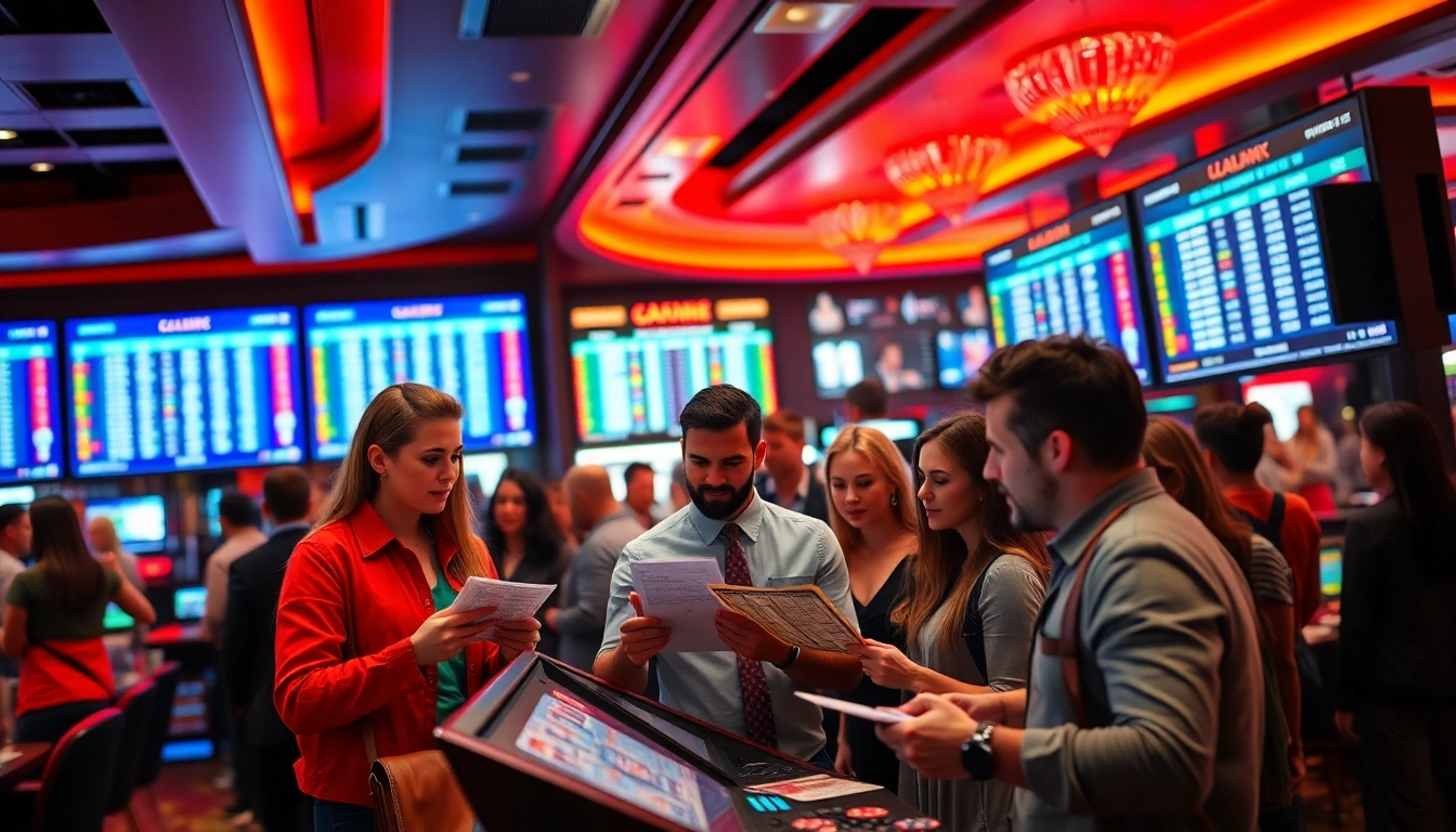 Engaged bettors enjoying sports betting experience with digital odds displays at a lively casino.