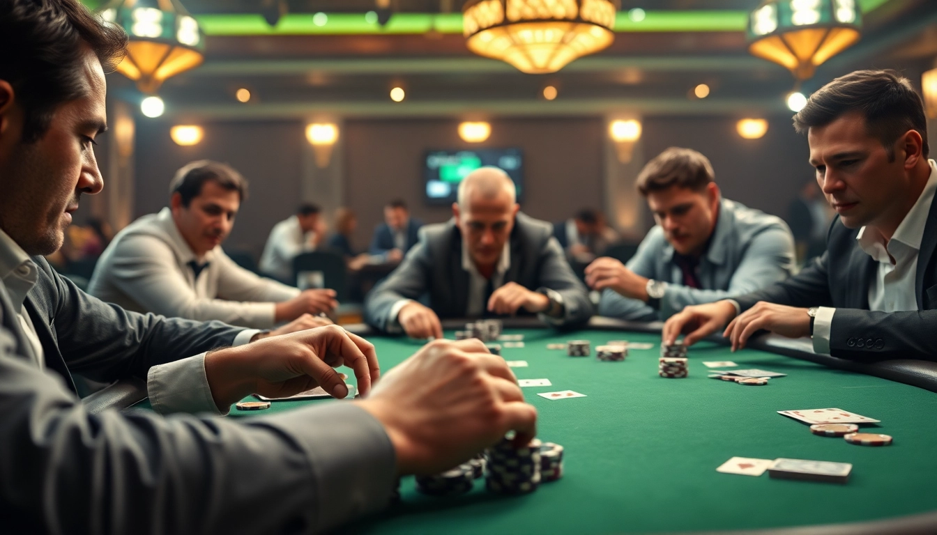 Intense poker game featuring players strategizing at tables with chips and cards.