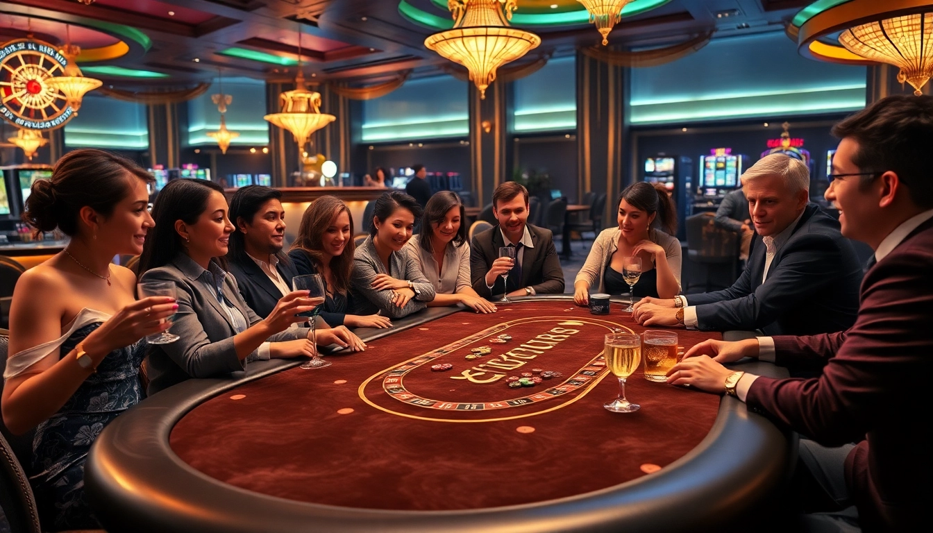 KJC poker players strategizing at a luxurious casino table, surrounded by vibrant gaming elements.