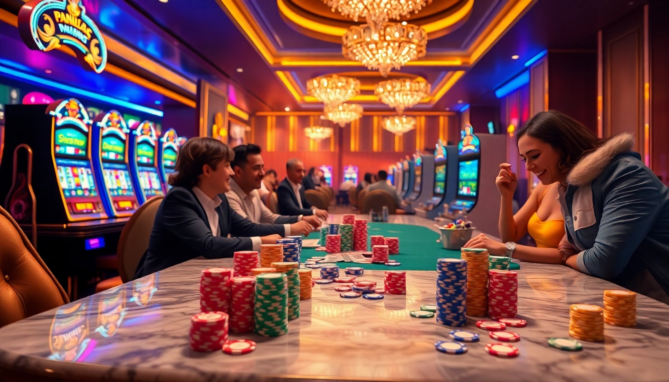 Pahala4D online gambling excitement with luxury poker tables and vibrant slot machines.