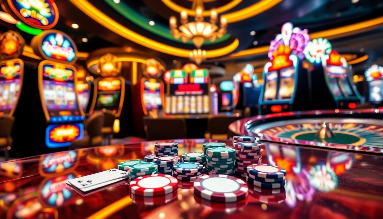 A vibrant casino scene showcasing slot machines and poker chips, highlighting qqmacan gaming excitement.