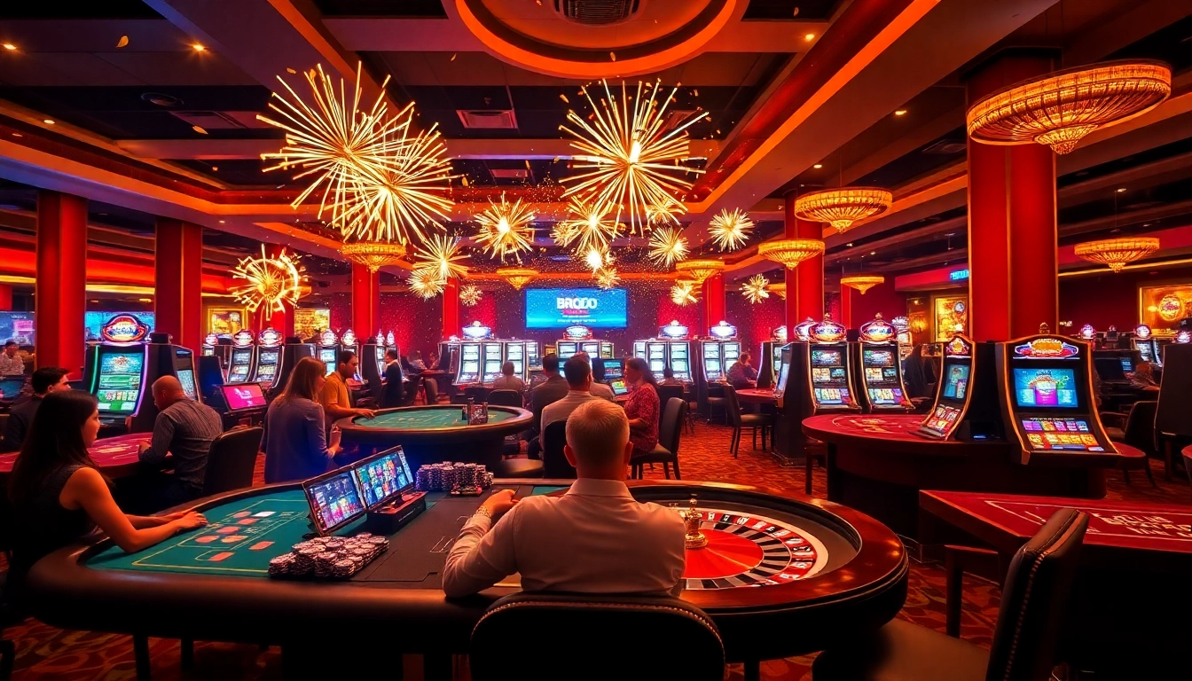 Players enjoying a vibrant casino scene at BRO138, celebrating New Year's with festive winnings.