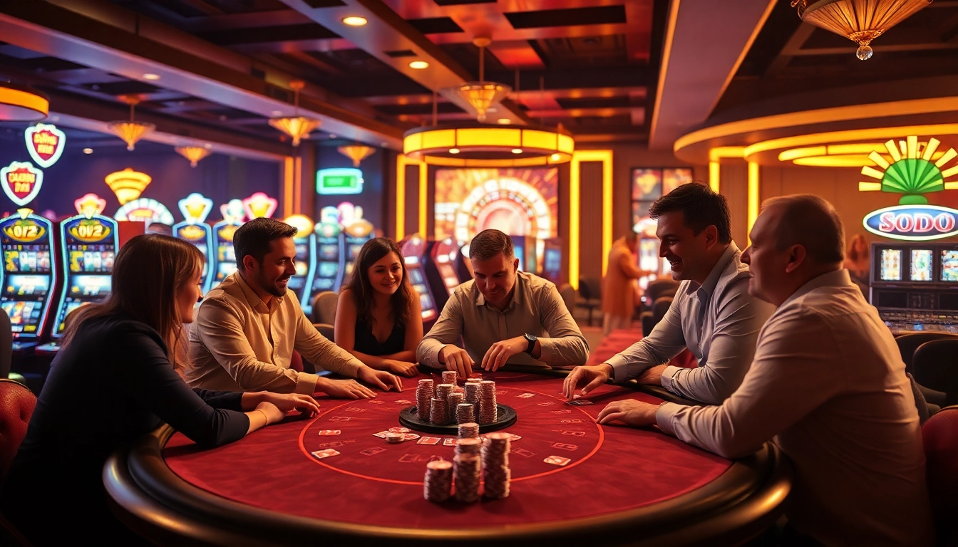 SODO casino scene featuring poker players enjoying their game amidst vibrant slot machines.
