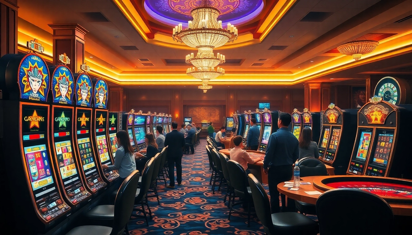 Experience the excitement of slot gacor hari ini with vibrant slot machines and players celebrating wins.