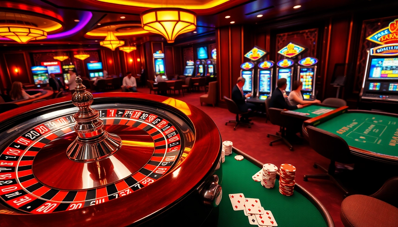 Exciting moment at a casino with players engaging in games and a roulette wheel, showcasing Bro138 Slot Gacor.