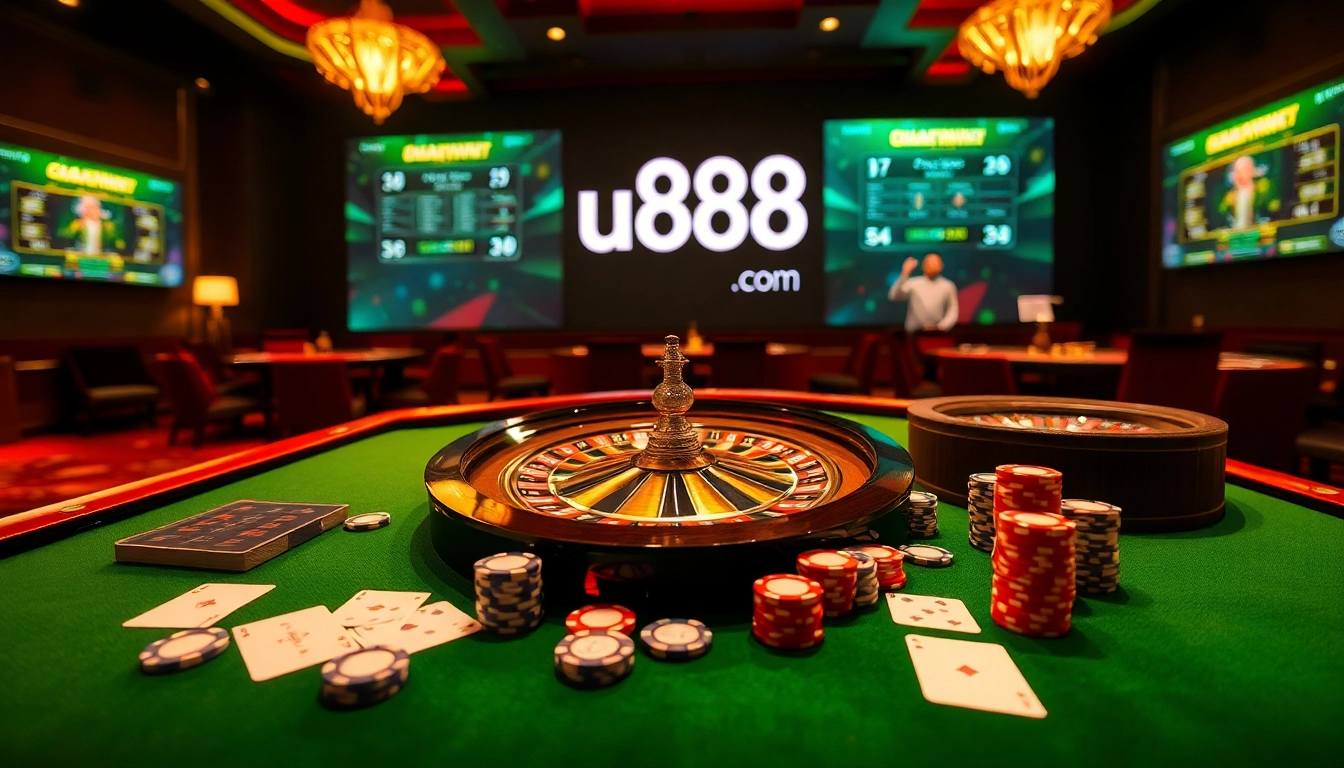 Experience high-stakes gaming at u888 com with an immersive casino scene featuring poker chips and a roulette wheel.