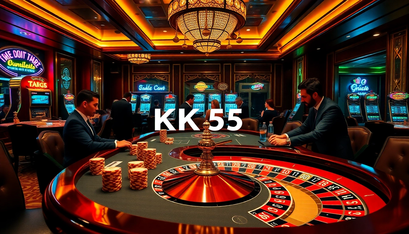 KK55 casino scene showcasing high-stakes poker action with vibrant atmosphere and luxury elements.