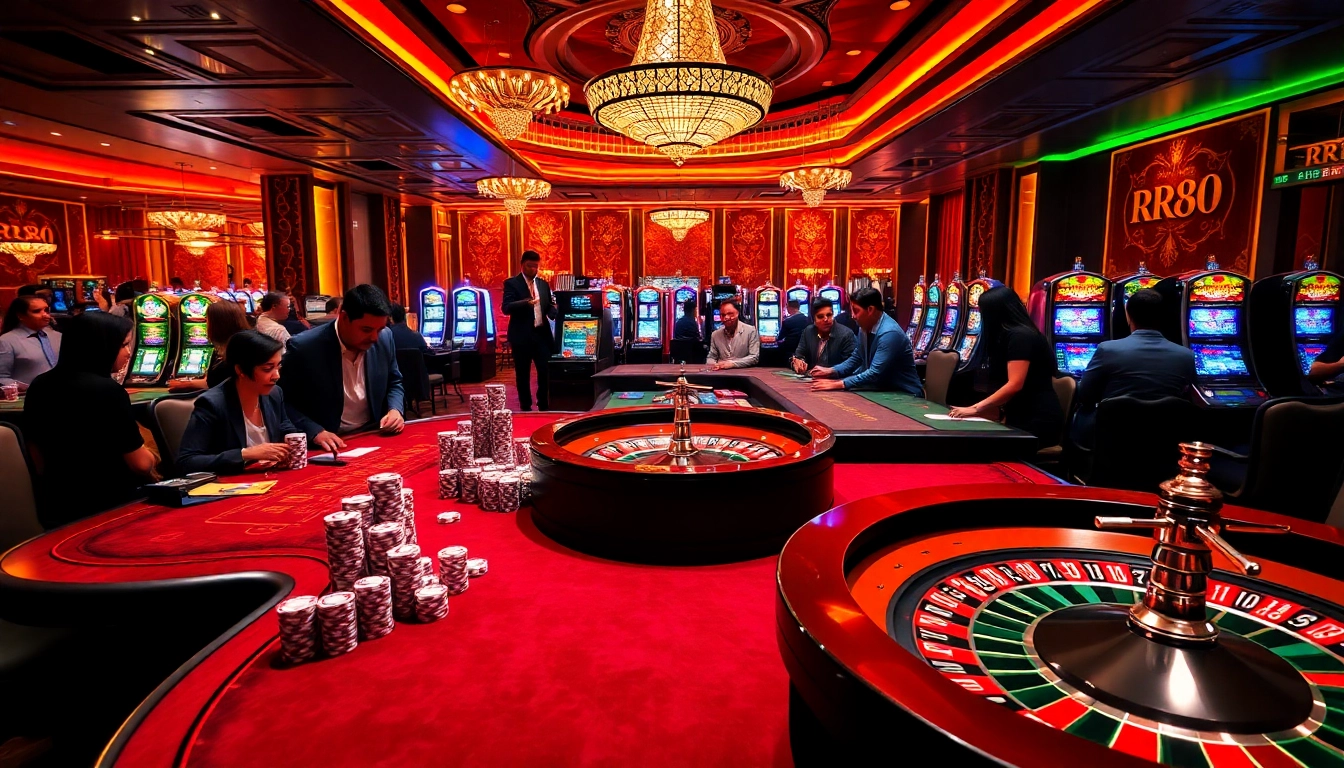Engaged players enjoying games at RR88 casino, showcasing a vibrant atmosphere with poker chips and roulette.