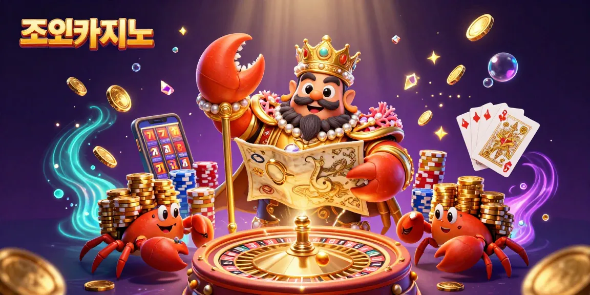 Experience the rich world of 조이카지노 with a vibrant 3D illustration of a golden crab emperor surrounded by casino elements.
