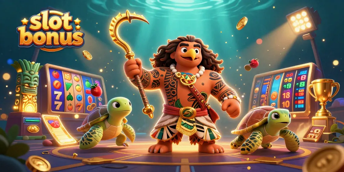 Engage in the exhilarating world of slot bonus mechanics with our vibrant scene of a mystical demigod and turtle among spinning reels and vivid elements.