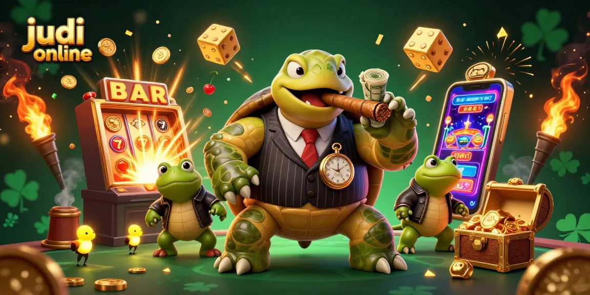Join the excitement of judi online with a lively scene of animated casino characters and games.