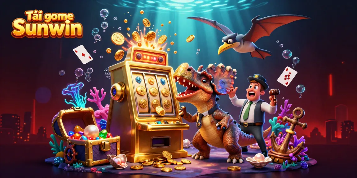 Tải game Sunwin with a 3D cartoon pachycephalosaurus winning coins at a slot machine, exciting casino scene.
