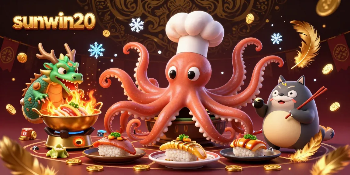 Experience winning moments at the exciting sunwin20 casino with a vibrant 3D illustration of animated characters and golden dishes.