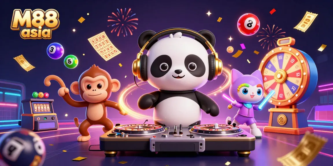 M88 asia promotes an exciting online experience with vibrant elements, playful characters, and dynamic lottery action.