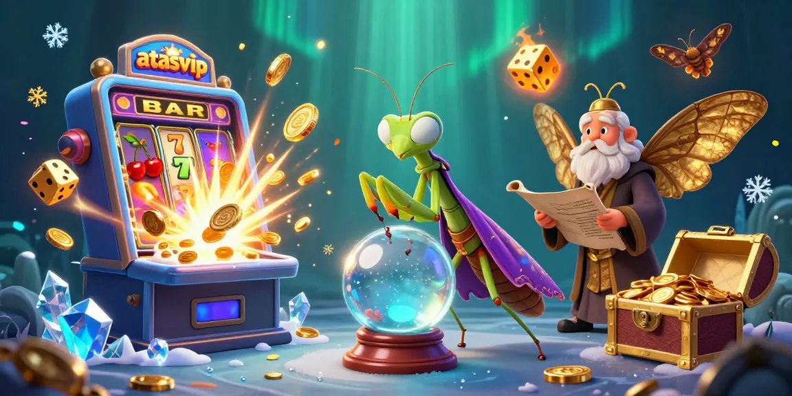 Experience excitement at atasvip with vibrant casino elements, including slots, coins, and fortune tellers.