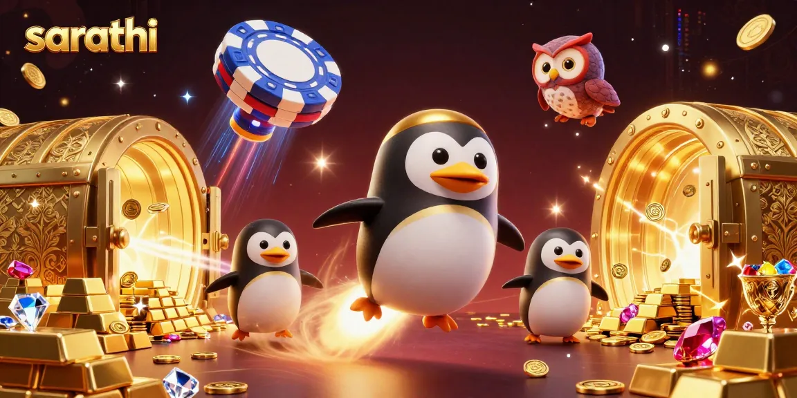 Experience the excitement of sarathi with a golden penguin launching towards a casino space station, surrounded by treasures.