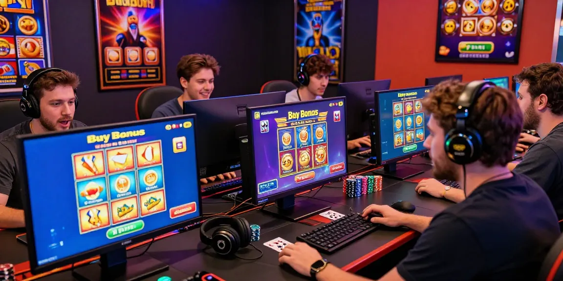 Bonus buy slots players engaging in vibrant online casino environment, showcasing excitement and colorful game graphics.