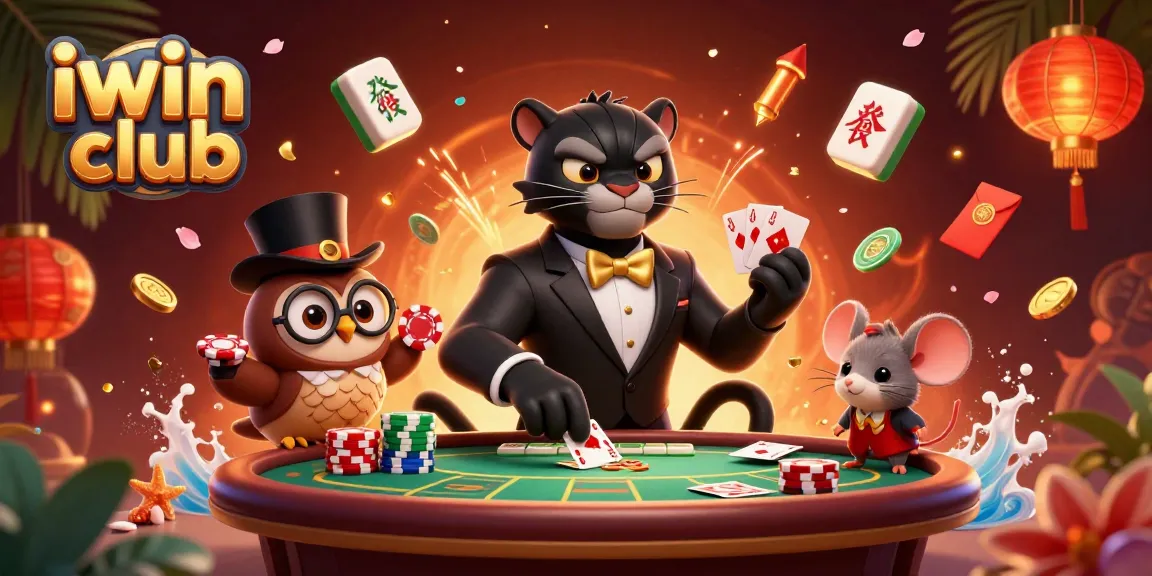 Experience the excitement of iwin club with a stylish black panther dealer and lucky characters in a dynamic casino scene.