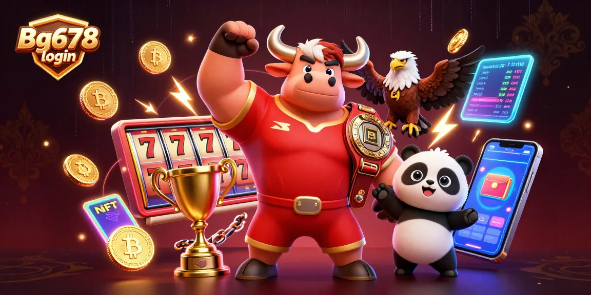 Play slots with increased odds at Bg678 login, featuring dynamic casino characters and crypto elements.