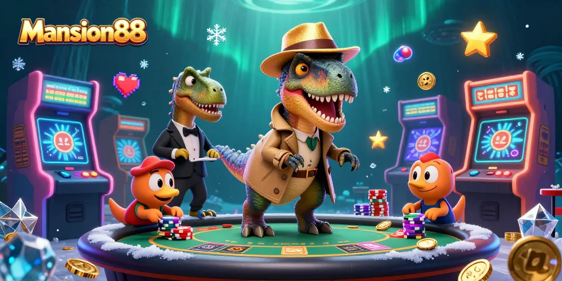 Experience the thrill of Mansion88 with a velociraptor card counter, lively casino action, and colorful game elements.