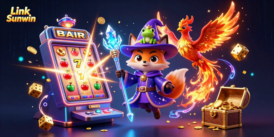 Win symbols and fire illuminate the vibrant gaming scene at Link Sunwin, emphasizing lively slot action.