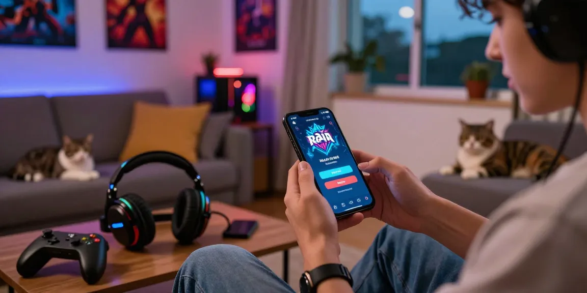 Raja Game login on a smartphone, player in casual gaming attire in a cozy living room with vibrant decor.